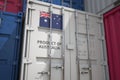 Cargo container with products of Australia and printed national flag. Logistics related 3D rendering