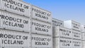 Cargo containers with PRODUCT OF ICELAND text. Icelandic import or export related 3D rendering