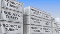 Cargo containers with PRODUCT OF TURKEY text. Turkish import or export related 3D rendering