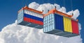 Cargo containers with Russia and Romania national flags.