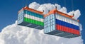 Cargo containers with Russia and Uzbekistan national flags.