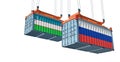 Cargo containers with Russia and Uzbekistan national flags.