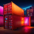 Cargo containers stacked, high technology modern advanced shipping tech represented by cyberpunk lights