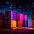 Cargo containers stacked, high technology modern advanced shipping tech represented by cyberpunk lights