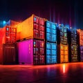 Cargo containers stacked, high technology modern advanced shipping tech represented by cyberpunk lights