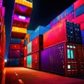 Cargo containers stacked, high technology modern advanced shipping tech represented by cyberpunk lights