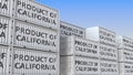 Cargo containers with PRODUCT OF CALIFORNIA text. Import or export related 3D rendering