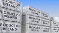 Containers with PRODUCT OF IRELAND text. Turkish import or export related 3D rendering