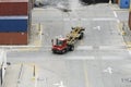 The cargo containers truck in storage area of freight port