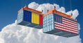 Cargo containers with USA and Romania national flags.