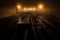 Cargo deck of tanker at night.