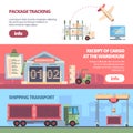 Cargo delivery banners. loading trailer in warehouse aircraft transportation packages. delivery service vector templates Royalty Free Stock Photo