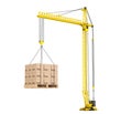 Cargo delivery Concept. Pallet with Cardboard lifted by Hoisting
