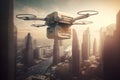 Cargo delivery drone flies over a large city. Generative AI