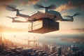 Cargo delivery drone flies over a large city. Generative AI