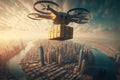 Cargo delivery drone flies over a large city. Generative AI