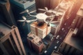 Cargo delivery drone flies over a large city. Generative AI