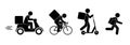 Cargo delivery icon, courier carries an order, online food ordering, stick figure man pictogram, motorcycle, bike and scooter