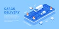 Cargo delivery tracking smartphone application online GPS map service isometric banner vector