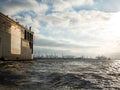 Cargo Dock at Hamburg Port with unloaders visible in far background Royalty Free Stock Photo