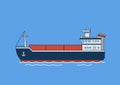 Cargo freighter boat. Flat vector illustration. Isolated on blue background. Royalty Free Stock Photo