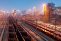 Cargo freigt train railroad station at dusk