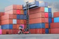 Cargo full of blue and red container trucks, copy, import, export, logistics, business, trade, economy, trade