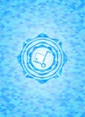 Cargo icon inside light blue emblem with mosaic background