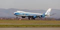 Cargo jet aircraft Boeing 747-BF of AirBridgeCargo Airlines is landing. Airplane fuselage. Aviation and transportation