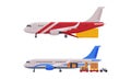 Cargo Jet Airplane with Metal Container as Freight Delivering Service Vector Set Royalty Free Stock Photo