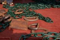 Cargo lashing chains, stoppers and d-rings on deck of merchant cargo ship Royalty Free Stock Photo