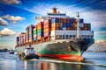 Cargo liner freight ship with containers and tug ship Royalty Free Stock Photo