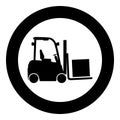 Cargo loading machine forklift truck for lifting box goods in warehouse fork lift loader freight icon in circle round black color Royalty Free Stock Photo