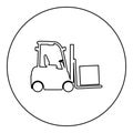 Cargo loading machine forklift truck for lifting box goods in warehouse fork lift loader freight icon in circle round black color Royalty Free Stock Photo