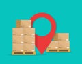 Cargo logistic. Carton boxes on pallet for delivery with map pointer. Goods stack on warehouse for storage and shipping of courier