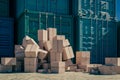 Cargo logistics concept background with courier boxes and import and export containers, 3d rendering Royalty Free Stock Photo
