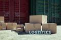 Cargo logistics concept background with courier boxes and import and export containers, 3d rendering Royalty Free Stock Photo