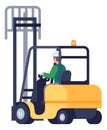 Cargo logistics. Freight lifting. Warehouse auto forklift. Workman driving industrial vehicle. Driver at loader Royalty Free Stock Photo