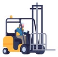 Cargo logistics. Freight lifting. Warehouse forklift. Boxes loading car. Workman driving vehicle. Driver at loader Royalty Free Stock Photo