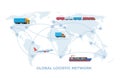 Cargo logistics transportation concept. Global logistic network. Cargo plane, ship, train, truck transport on a background of the Royalty Free Stock Photo