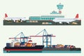 Cargo logistics transportation, container ship and cargo plane w
