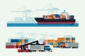 Cargo logistics truck and transportation container ship with working crane import export transport industry. illustration vector