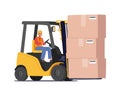 Cargo Logistics and Warehouse Service Concept. Worker Driving Forklift with Cardboard Parcel Boxes Delivering Freight Royalty Free Stock Photo
