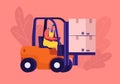 Cargo Logistics and Warehouse Service Concept. Worker Driving Forklift with Cardboard Parcel Boxes Delivering Freight Royalty Free Stock Photo