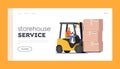 Cargo Logistics and Warehouse Service Landing Page Template. Worker Driving Forklift with Boxes Delivering Freight Royalty Free Stock Photo