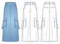 Cargo Long Skirt technical fashion illustration. Denim Skirt fashion flat technical drawing template, a-line, maxi length, pockets