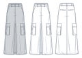 Cargo Long Skirt technical fashion illustration. Front Slit Skirt fashion flat technical drawing template, maxi, pockets,