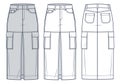 Cargo midi Skirt technical fashion illustration. Denim Skirt fashion flat technical drawing template, front slit, midi length