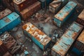 Cargo multicolored old containers with corrosion in cloudy weather Royalty Free Stock Photo