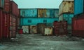 Cargo multicolored old containers with corrosion in cloudy weather Royalty Free Stock Photo